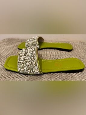 Fashion Nova Lime Green Jeweled Pearl Slide Flats